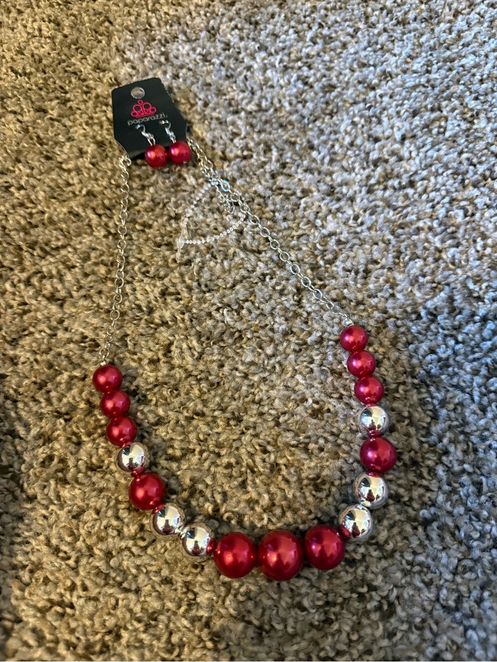 paparazzi Red and Silver Bead Necklace Set with Earrings 9